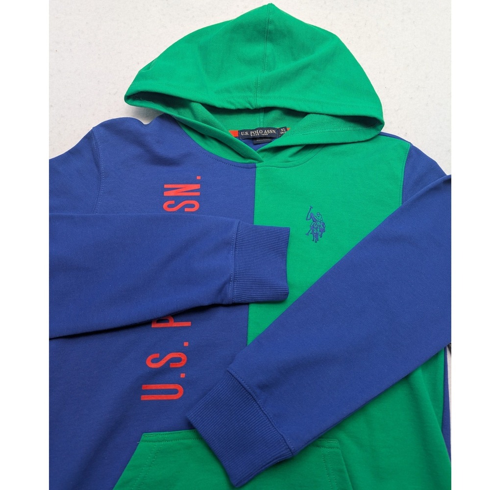 NWT U.S. Polo Assn Hoodie‎ Kids XL Blue Green Colorblock Sweatshirt